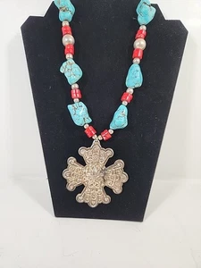 Collana Vintage Nativi Americani Turchese Sterling 1974 Canna Barton 925 Croce - Foto 1 di 6