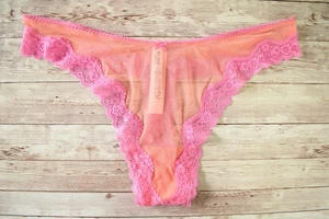 Victoria's Secret XLARGE *TEASE* NETZ SPITZENBESATZ HOHES BEIN TANGA KORALLE & NEUE PFINGSTROSE - Bild 1 von 4