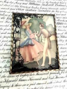 Vintage Reverse Glass Silhouette Art Painting Courting Couple 5” X 4” - Picture 1 of 12
