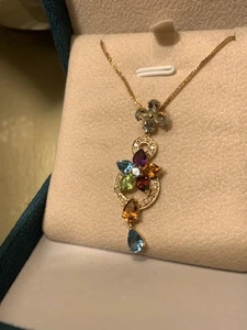 18K GOLD MULTIGEMSTONE PENDANT NECKLACE 14k CHAIN - Picture 1 of 6