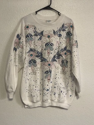 Vintage 90s India Ink Hand Painted And Jeweled Sweatshirt Grandma Sweater 26x31 - Image 1 of 4