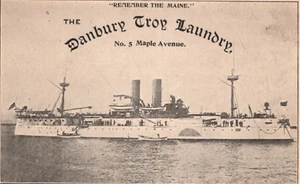 USS Maine Schlachtschiff Danbury Troy Laundry Spanisch Amerikanischer Krieg Werbekarte - Bild 1 von 3