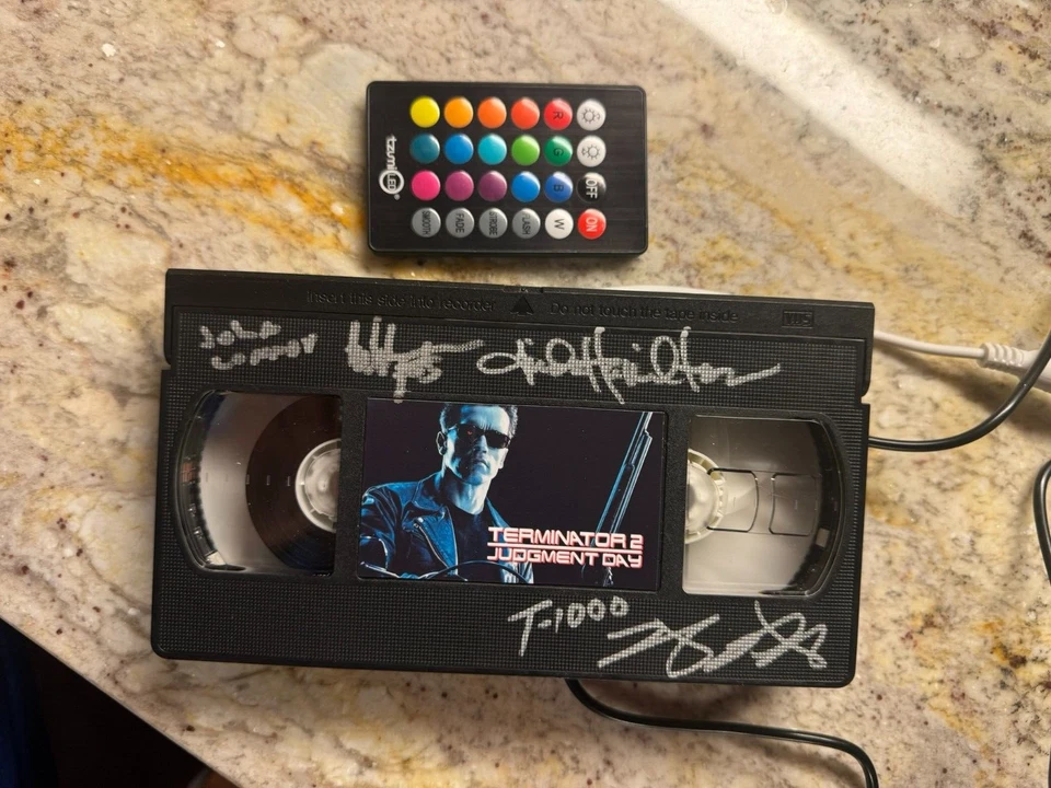 Terminator 2 Judgment Day cast signed custom VHS lamp with remote JSA - Image 1 of 4