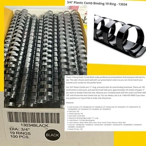 Plastic Comb Binding 19 Ring - 3/4” - Black 100 Pieces Huge Lot 100 13034 Ibico - Picture 1 of 10