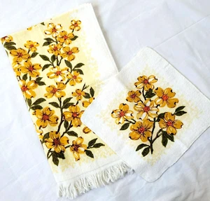 Vintage MCM Cannon Dogwood Bath Towel and Washcloth Golden Yellow Floral USA - Picture 1 of 8