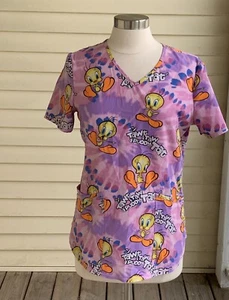 Looney Tunes Scrub Top L Tweety Vogel rosa lila Batik Peelings Krankenschwester Looney - Bild 1 von 6