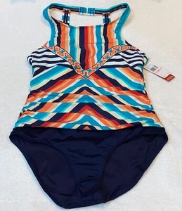 JANTZEN High Neck Stripe Medley Blue Tummy Control 1pc Swim Suit NEW Womens 10 - Picture 1 of 4