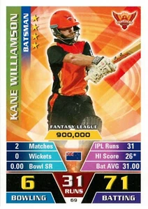 2016 2017 SUNRISERS HYDERABAD IPL Cricket Card KANE WILLIAMSON Topps Attax - Picture 1 of 2