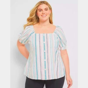 Lane Bryant 14W X-Large Linen Blend Coastal Stripe Square Neck Blouse XL NEW - Picture 1 of 14