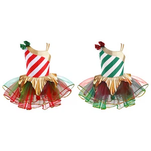 AU Kids Girls Christmas Mesh Tutu Dress Striped Ballet Leotard Dress Dancewear - Picture 1 of 36