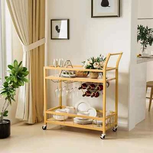 Metal Wood Rolling Bar Kitchen Cart Shelves Gold Wine Glass Holders Stylish New - Picture 1 of 5