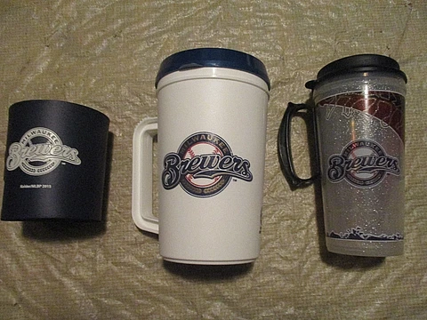 NEW-MLB MILWAUKEE BREWERS 1-TUMBLER 16oz,1-22oz.THERMO MUG +LIDS & 1-CAN KOOZIE Cover
