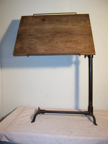Antique Oak Cast Iron Industrial Adjustable Bedside TV Drafting Table Medical Cover