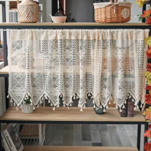 Vintage Embroidered Sheer Lace Cafe Curtain Tier Swag Valance w/ Tassel Kitchen - Picture 1 of 24