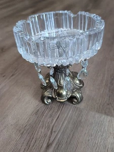 Vintage MCM Hollywood Regency Crystal Ashtray W/10 Crystals W/Brass Base-Elegant - Picture 1 of 4