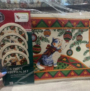 Colchonetas y Posavasos Vintage Navidad Gato Vinilo Gato Y Adornos. ¡Nuevo! - Imagen 1 de 6