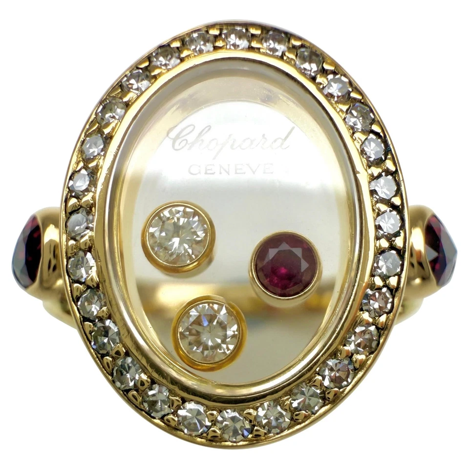 Rare Vintage Chopard Oval Happy Diamonds Ruby & Diamond 18k Yellow Gold Ring - Image 1 of 4