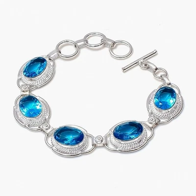 Blue Topaz Gemstone Handmade 925 Sterling Silver Jewelry Bracelet Size-7-8" - Image 1 of 4