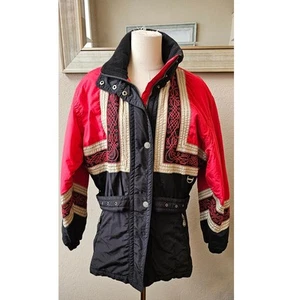Vintage Kaelin Thermolite Embroidered Zip Ski Jacket Coat Women Size 8 Black Red - Picture 1 of 13
