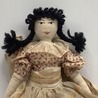 Handmade Vintage Rag Doll 12” Black Yarn Braids, Exquisitely Dressed, Blue Eyes 