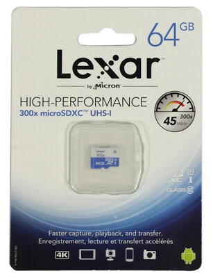 LEXAR High-Performance microSDXC Flash Memory Card- NEW- 300x 64GB UHS-I  45mb/s - Image 1 of 2