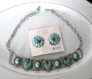 SANFORD Southwest Necklace and Clip on Earrings Vtg 1950s Faux Turquoise Leaves - Picture 1 of 5
