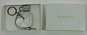 BEBE Keychain Heart Silver Leather Rhinestone Lock and Key Charms Metallic Logo - Picture 1 of 8