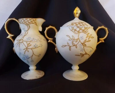 Limoges Elite Francia Crema Azucarero Pedestal Dorado Floral Pequeño De Colección 1896 Antiguo Foto 1 de 4