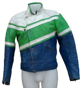SCOTT VNTG 80s BRITISH MADE SKY BLUE NAVY & WHITE LEATHERS BIKER JACKET UK 40/42 - Picture 1 of 14