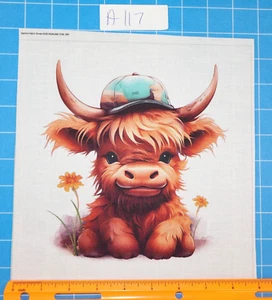 8"x8" Baby Highland Cow 100% Cotton Fabric Panel Sewing Quilting Block A117 - Picture 1 of 2