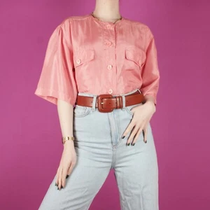 VINTAGE 80s 90s Grunge Womens Ladies pink peach Silk Blouse Shirt Top medium 12 - Picture 1 of 12