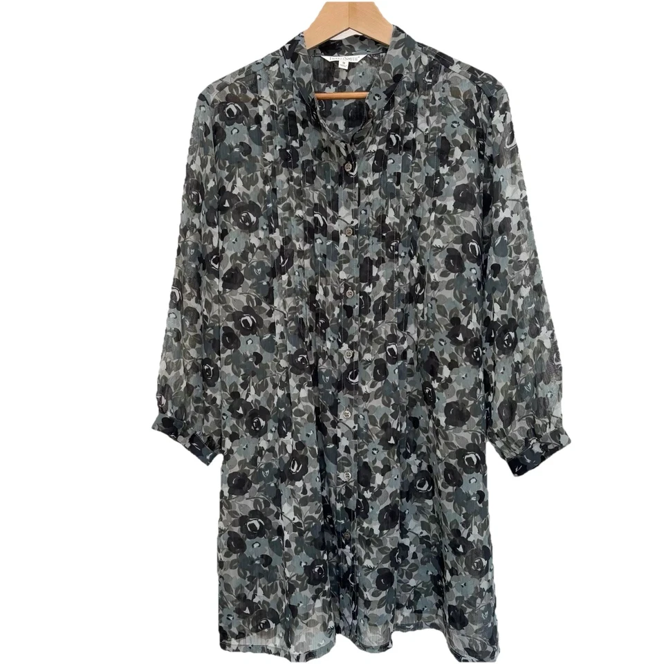 Túnica TravelSmith botão frontal manga 3/4 transparente leve verde floral 1X - Imagem 1 de 4