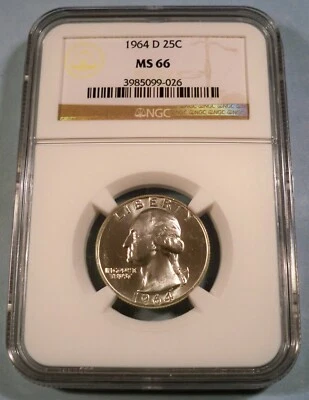 1964-D NGC MS66 WASHINGTON QUARTER BRIGHT WHITE SILVER 25c MS 66 - Image 1 of 4