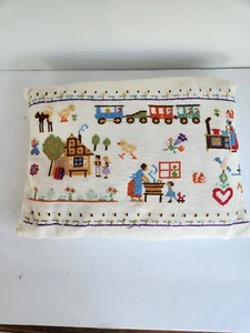 Vintage Antique Completed Cross Stitch Framed Pillow Embroidery Cottage Core - Picture 1 of 14