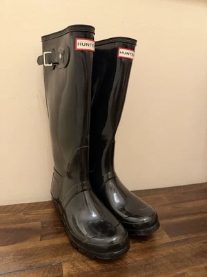Hunter Women’s Rain Boots Original Refined Tall Black Glossy Size 7 38 EUC Boot - Image 1 of 4