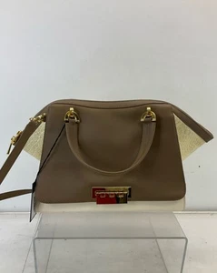ZAC Zac Posen Khaki Beige Leather Embossed Detail Satchel Handbag - Picture 1 of 9