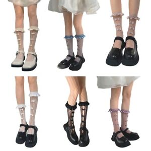 Women Floral Lace Calf Socks Ruffled Trim Holes Mesh Stockings