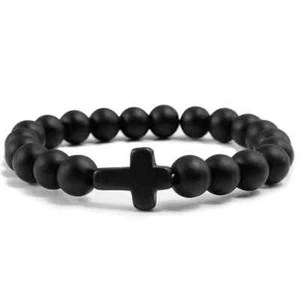 Black Cross Bracelet Religious Christian Bead Bangle For Man and Woman Onyx - Picture 1 of 5
