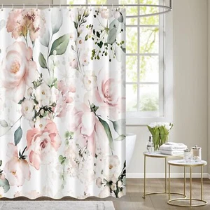 Blooming Bright Pink White Roses Floral Shower Curtain Watercolor Green Leave... - Picture 1 of 6