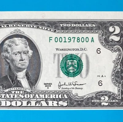 Year 1978 (F 00197800 A) $2 Two Dollar Bill Serial Number 2003A Series *UNC* - Image 1 of 4