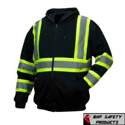 Hi Vis ANSI Reflectante Seguridad en el Trabajo Negro Cremallera Sudadera con Capucha Polar Sudadera con Capucha Foto 1 de 4
