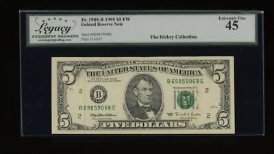 DBR 1995 $5 FRN New York Fr. 1985-B Legacy 45 Serial B69859068E - Image 1 of 2