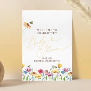 Personalised Baby Shower Welcome Sign Poster - Yellow Wildflower Bees (WF15) - Picture 1 of 2