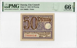 Danzig 50 Pfennig 1919, PMG 66 EPQ, "City Council" Pick# 11 - Imagen 1 de 2
