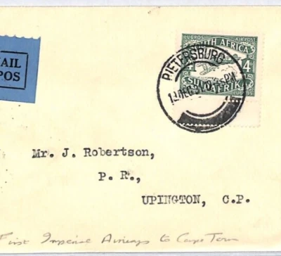 Correo Aéreo SUDÁFRICA 1931 Cubierta PRIMER VUELO IMPERIAL Pietersburg Upington YJ73 Foto 1 de 4