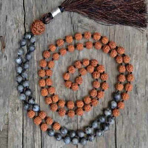 8mm Natural black Labradorite brown Sandalwood 108 knot necklace Beads Gift - Picture 1 of 7