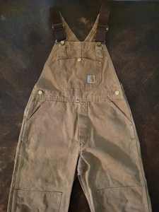 Vintage Carhartt Overalls Youth Large 14-16 Beige Double Knee Adjustable Strap - Picture 1 of 10