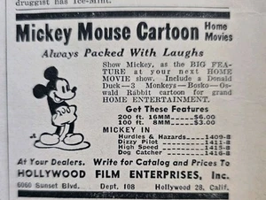 1945 Hollywood Film Enterprises Mickey Mouse cartoon home movies  vintage ad - Picture 1 of 1