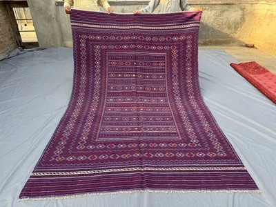 Alfombra Kilim Sumak tejida a mano afgana roja púrpura 6x9, alfombra de área envejecida Foto 1 de 4