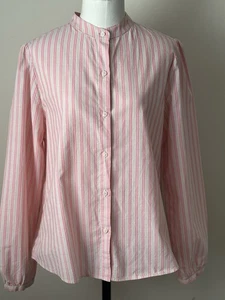 Beaufort & Blake Women’s Cotton Striped Puff Sleeve Collarless Shirt Blouse L - Picture 1 of 10